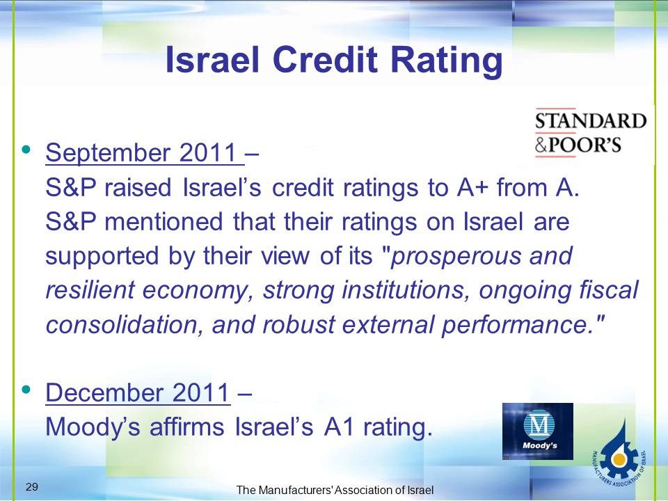 Israel Credit Rating September 2011 – S&P raised Israel’s credit ratings to A+ from A.