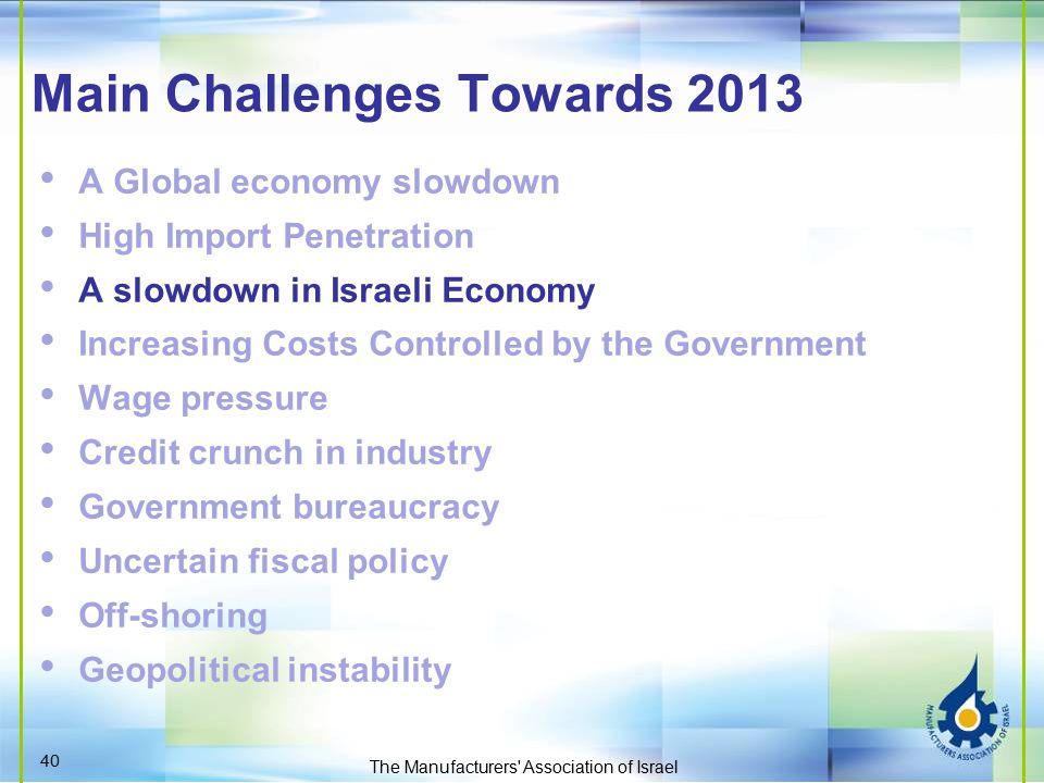 Main Challenges Towards 2013 A Global economy slowdown High Import Penetration A slowdown in Israeli Economy Increasing Costs Controlled by the Government Wage pressure Credit crunch in industry Government bureaucracy Uncertain fiscal policy Off-shoring Geopolitical instability 40 The Manufacturers Association of Israel