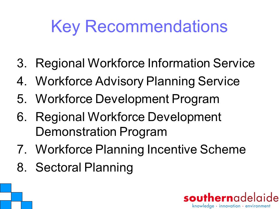 Key Recommendations 3.Regional Workforce Information Service 4.Workforce Advisory Planning Service 5.Workforce Development Program 6.Regional Workforce Development Demonstration Program 7.Workforce Planning Incentive Scheme 8.Sectoral Planning
