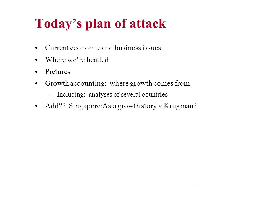 Today’s plan of attack Current economic and business issues Where we’re headed Pictures Growth accounting: where growth comes from –Including: analyses of several countries Add .