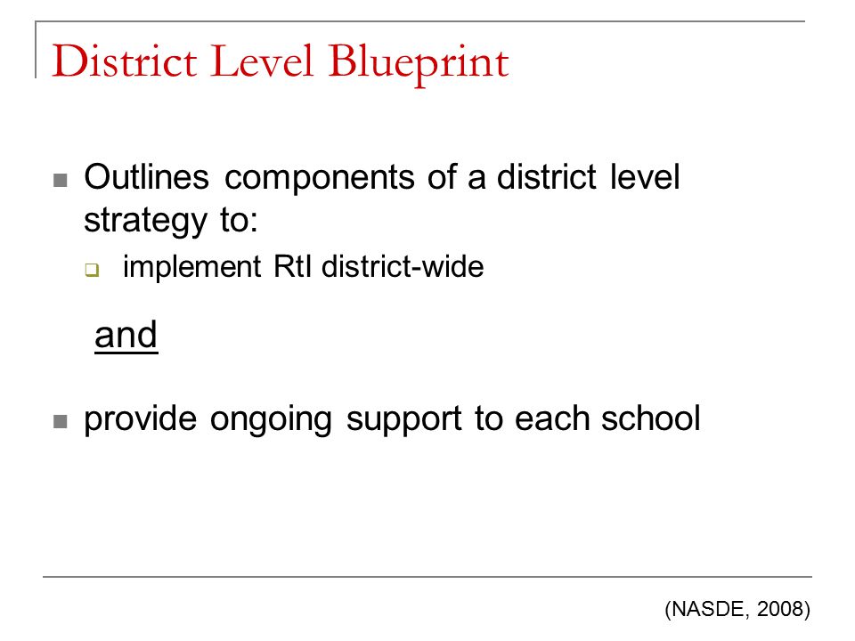 District Level Blueprint Outlines components of a district level strategy to:  implement RtI district-wide provide ongoing support to each school (NASDE, 2008) and
