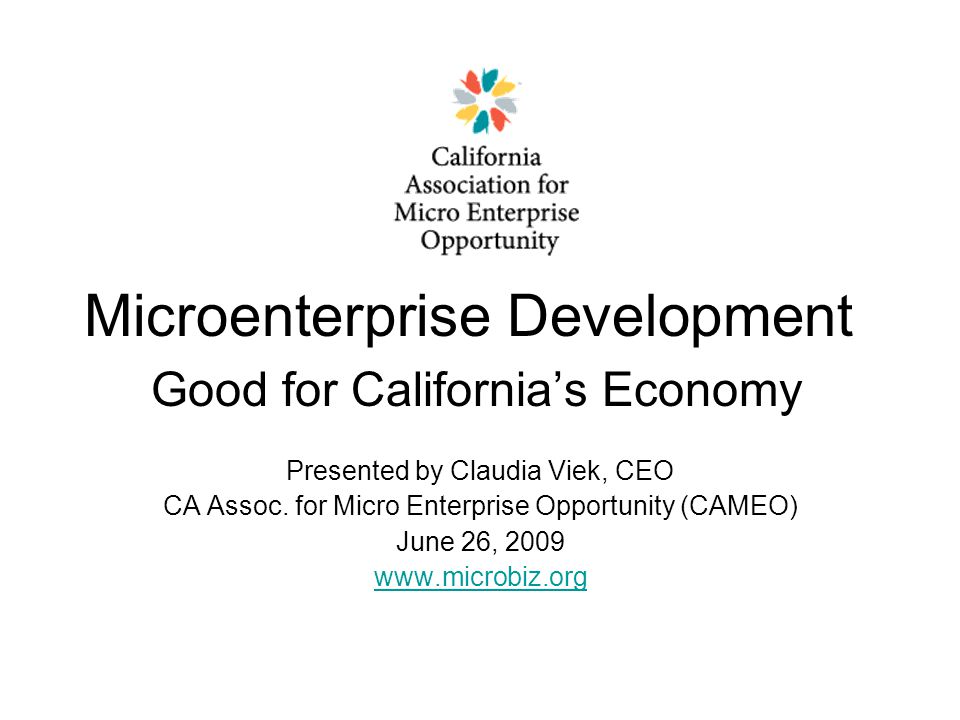 Microenterprise Development Good for California’s Economy Presented by Claudia Viek, CEO CA Assoc.