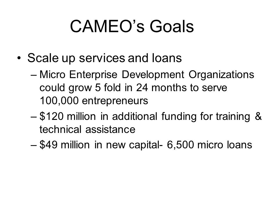 CAMEO’s Goals Scale up services and loans –Micro Enterprise Development Organizations could grow 5 fold in 24 months to serve 100,000 entrepreneurs –$120 million in additional funding for training & technical assistance –$49 million in new capital- 6,500 micro loans