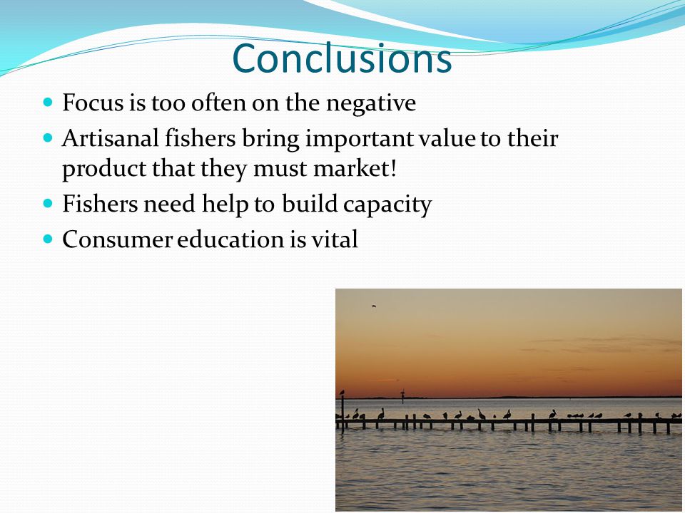 Conclusions Focus is too often on the negative Artisanal fishers bring important value to their product that they must market.