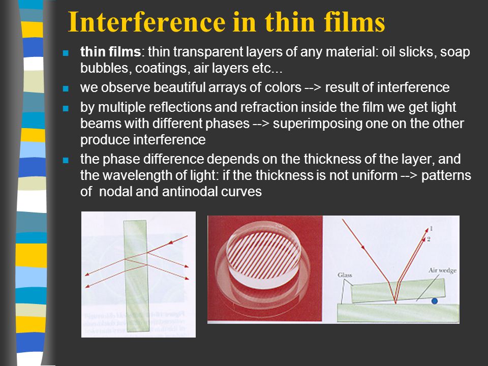 Interference in thin films n thin films: thin transparent layers of any material: oil slicks, soap bubbles, coatings, air layers etc...