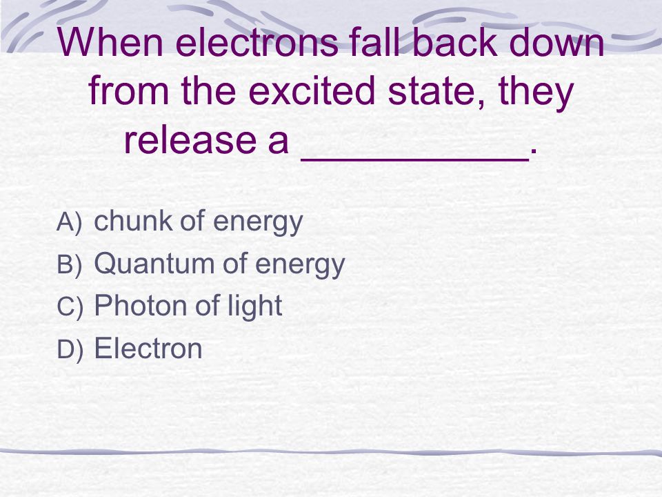 When electrons fall back down from the excited state, they release a __________.