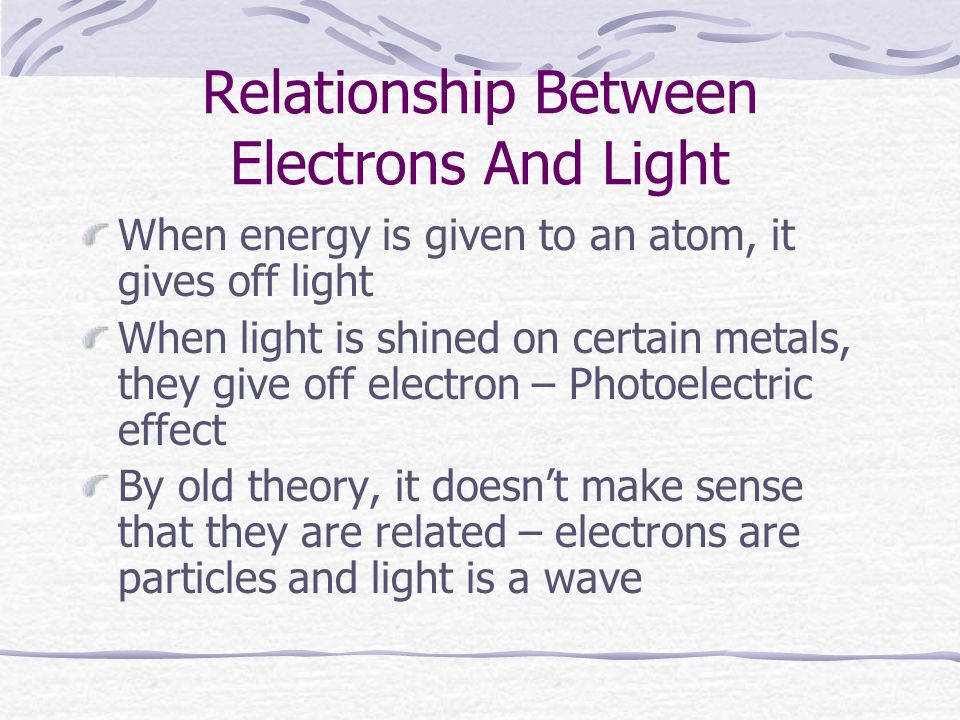 Relationship Between Electrons And Light When energy is given to an atom, it gives off light When light is shined on certain metals, they give off electron – Photoelectric effect By old theory, it doesn’t make sense that they are related – electrons are particles and light is a wave