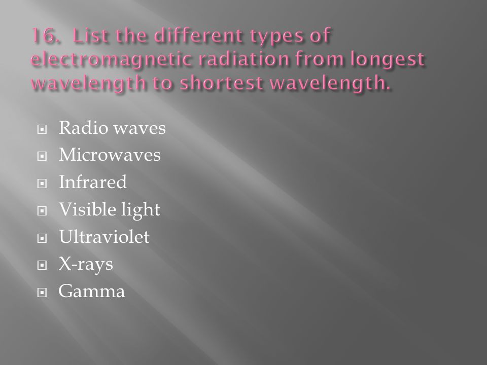  Radio waves  Microwaves  Infrared  Visible light  Ultraviolet  X-rays  Gamma