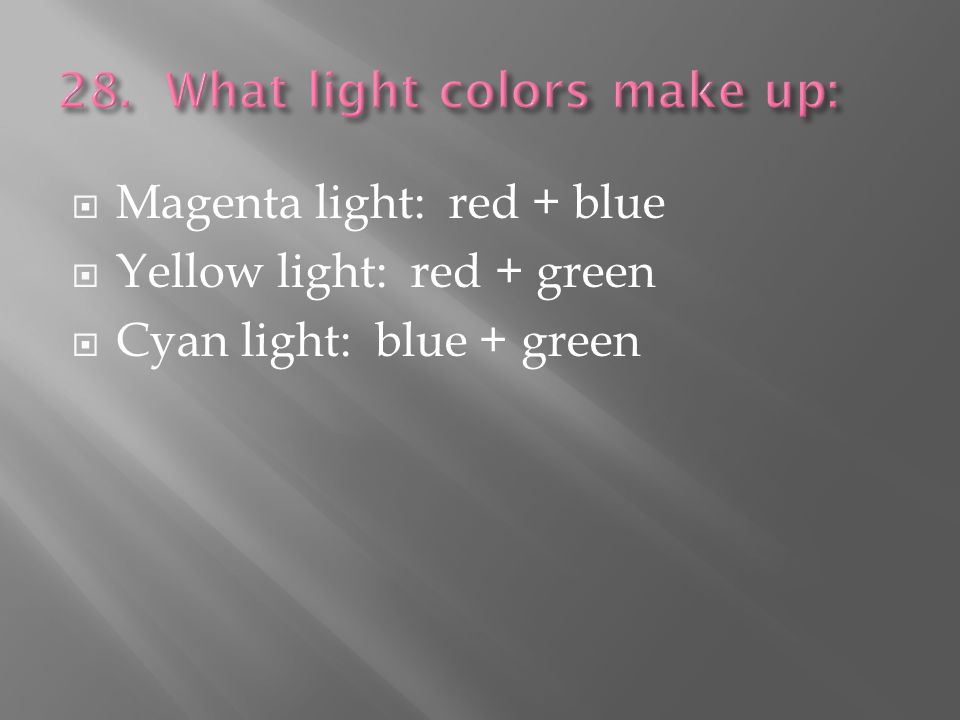  Magenta light: red + blue  Yellow light: red + green  Cyan light: blue + green