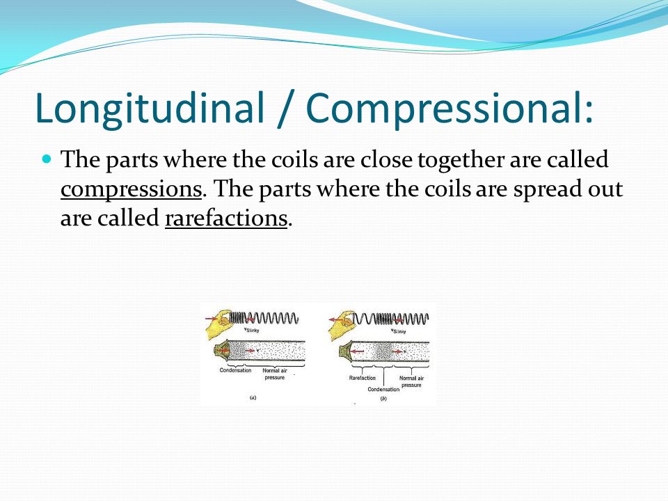Longitudinal / Compressional: The parts where the coils are close together are called compressions.