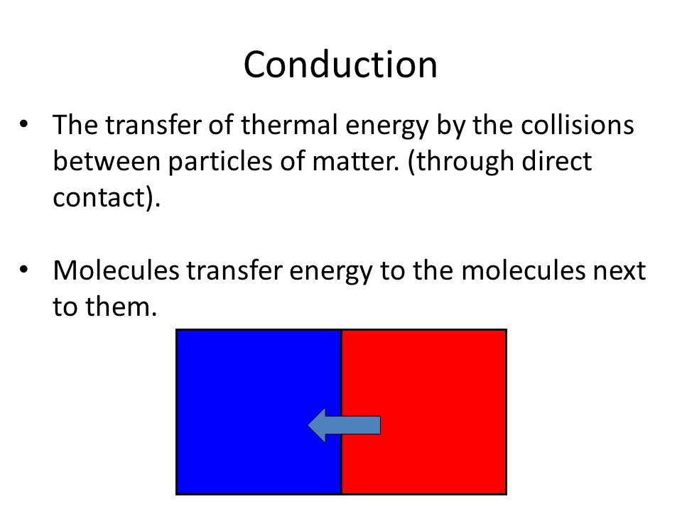 Conduction The transfer of thermal energy by the collisions between particles of matter.