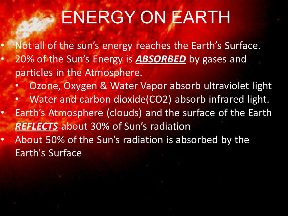 ENERGY ON EARTH Not all of the sun’s energy reaches the Earth’s Surface.
