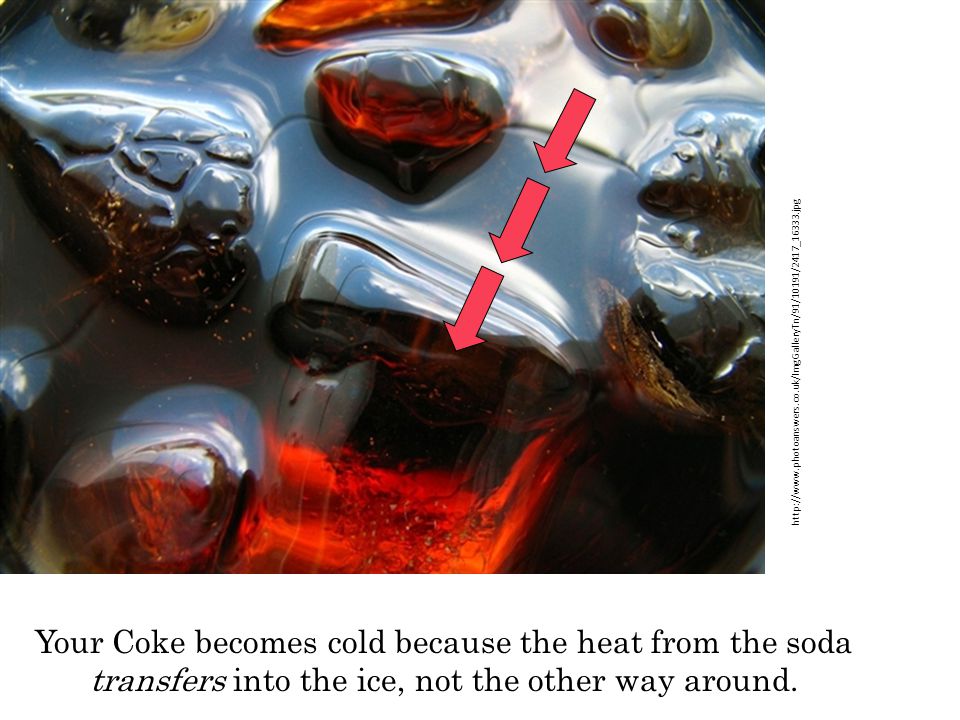 Your Coke becomes cold because the heat from the soda transfers into the ice, not the other way around.