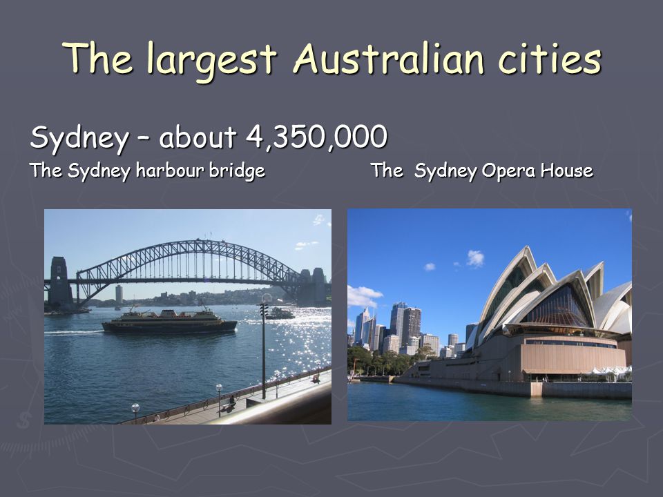 The largest Australian cities Sydney – about 4,350,000 The Sydney harbour bridge The Sydney Opera House