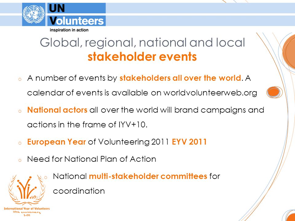 Global, regional, national and local stakeholder events o A number of events by stakeholders all over the world.