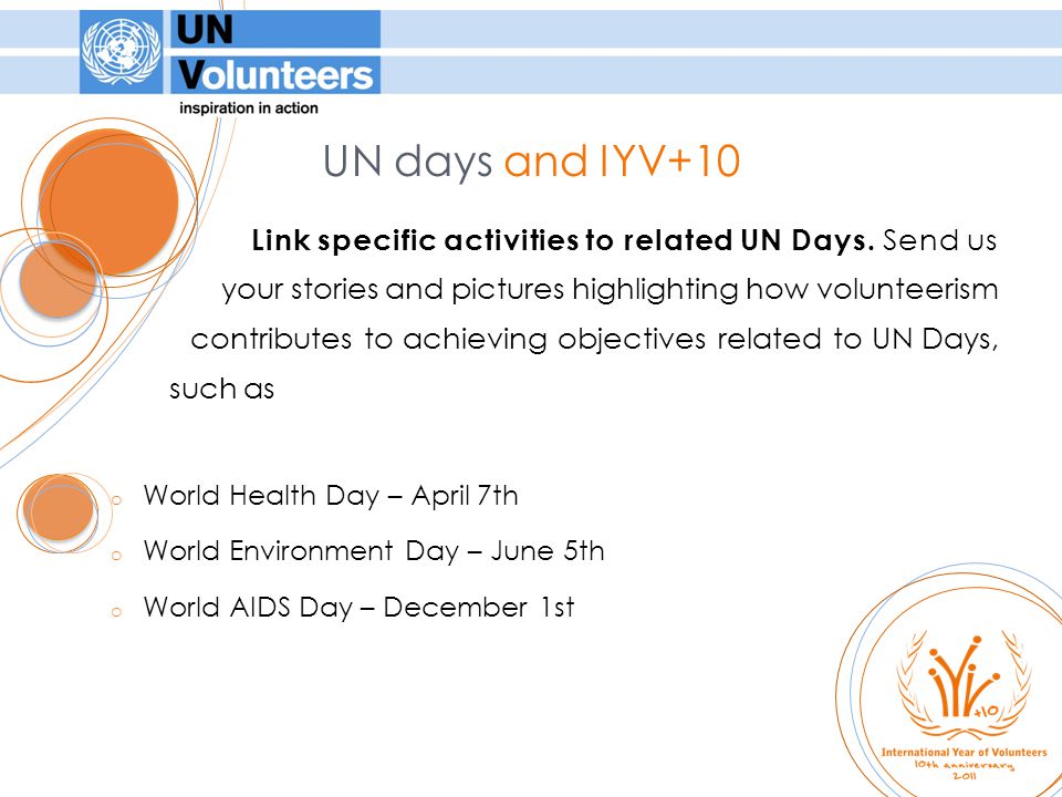 Link specific activities to related UN Days.