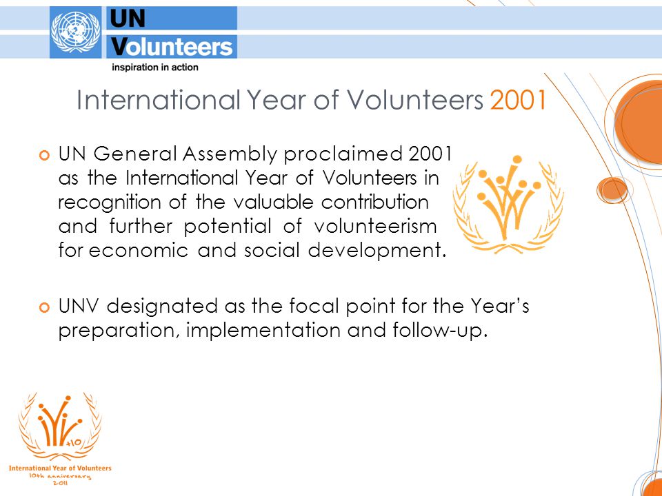 International Year of Volunteers 2001 UNV designated as the focal point for the Year’s preparation, implementation and follow-up.