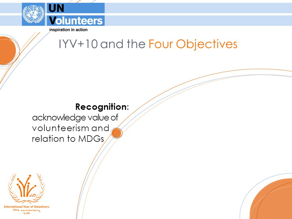 IYV+10 and the Four Objectives Recognition : acknowledge value of volunteerism and relation to MDGs