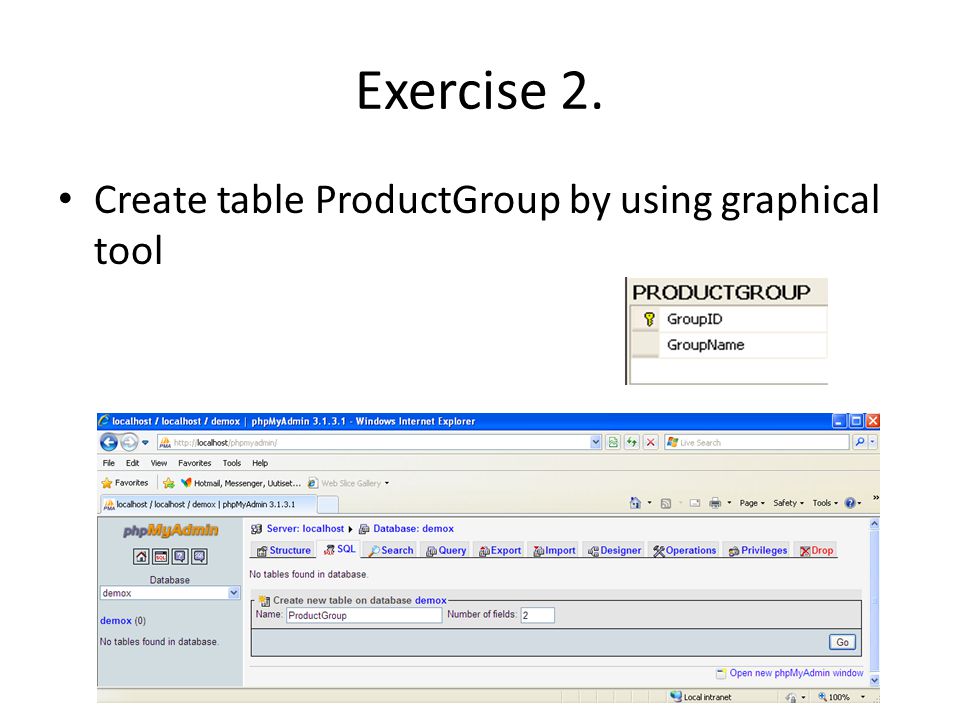 Exercise 2. Create table ProductGroup by using graphical tool