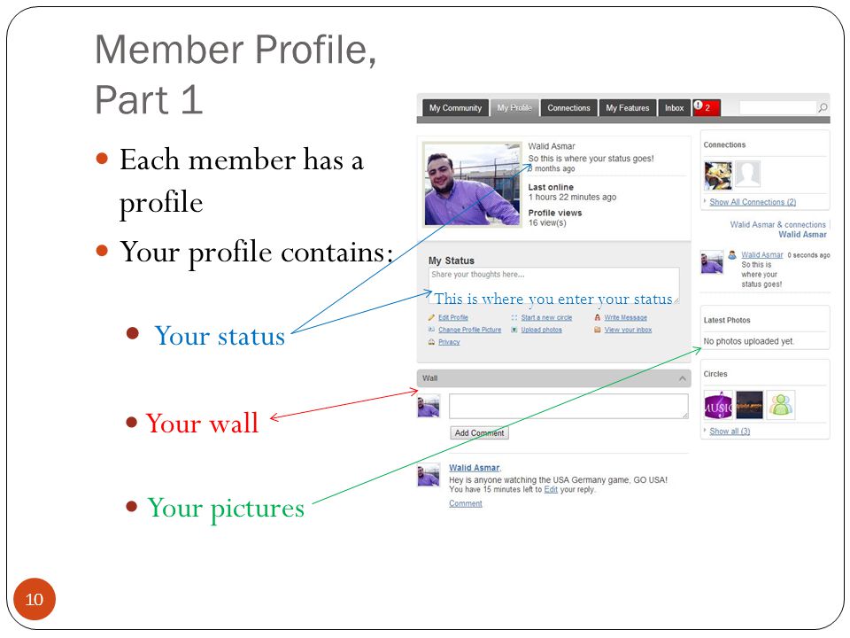 Member Profile, Part 1 Each member has a profile Your profile contains: Your status Your wall Your pictures This is where you enter your status 10