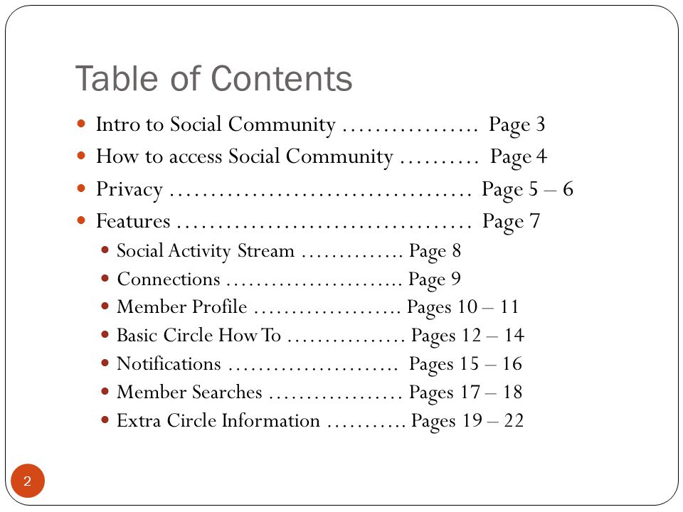 Table of Contents 2 Intro to Social Community ……………..