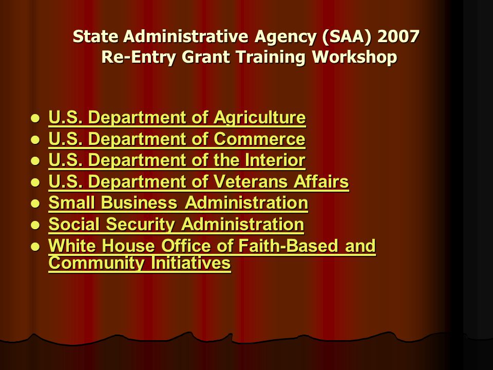 State Administrative Agency (SAA) 2007 Re-Entry Grant Training Workshop U.S.