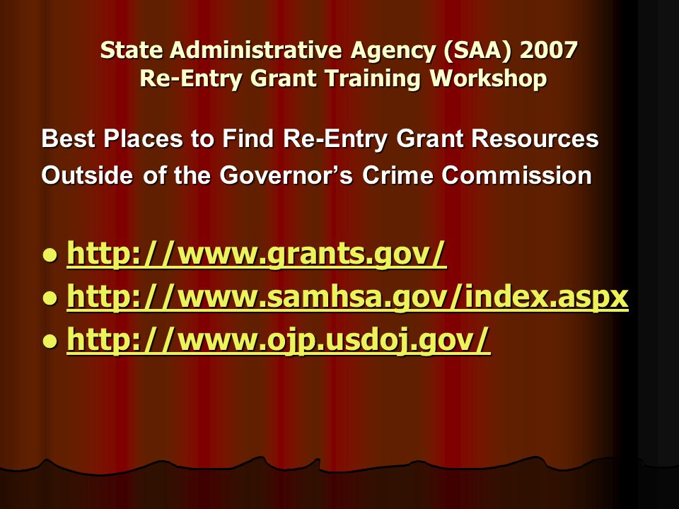 State Administrative Agency (SAA) 2007 Re-Entry Grant Training Workshop Best Places to Find Re-Entry Grant Resources Outside of the Governor’s Crime Commission
