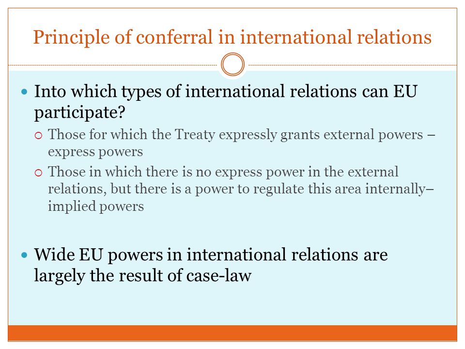 Principle of conferral in international relations Into which types of international relations can EU participate.