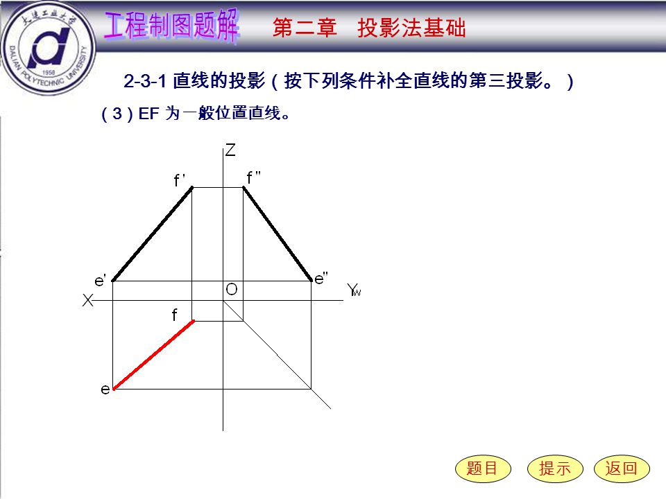 2-3-1 （ 3 ） 直线的投影（按下列条件补全直线的第三投影。） 题目提示返回 （ 3 ） EF 为一般位置直线。 第二章 投影法基础