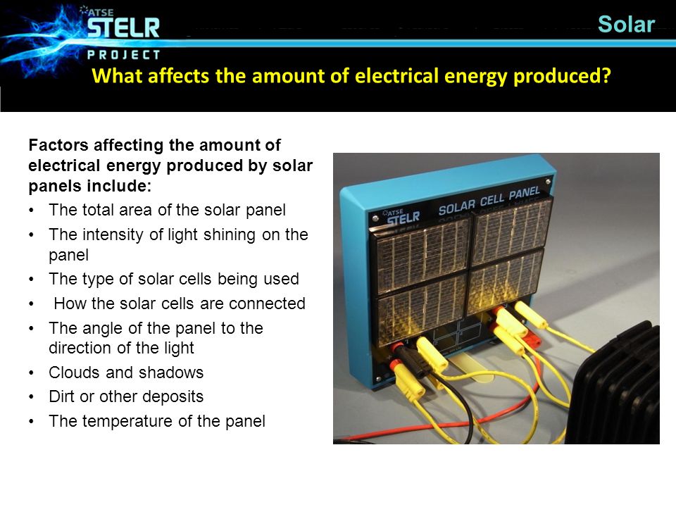 Solar Factors affecting the amount of electrical energy produced by solar panels include: The total area of the solar panel The intensity of light shining on the panel The type of solar cells being used How the solar cells are connected The angle of the panel to the direction of the light Clouds and shadows Dirt or other deposits The temperature of the panel What affects the amount of electrical energy produced