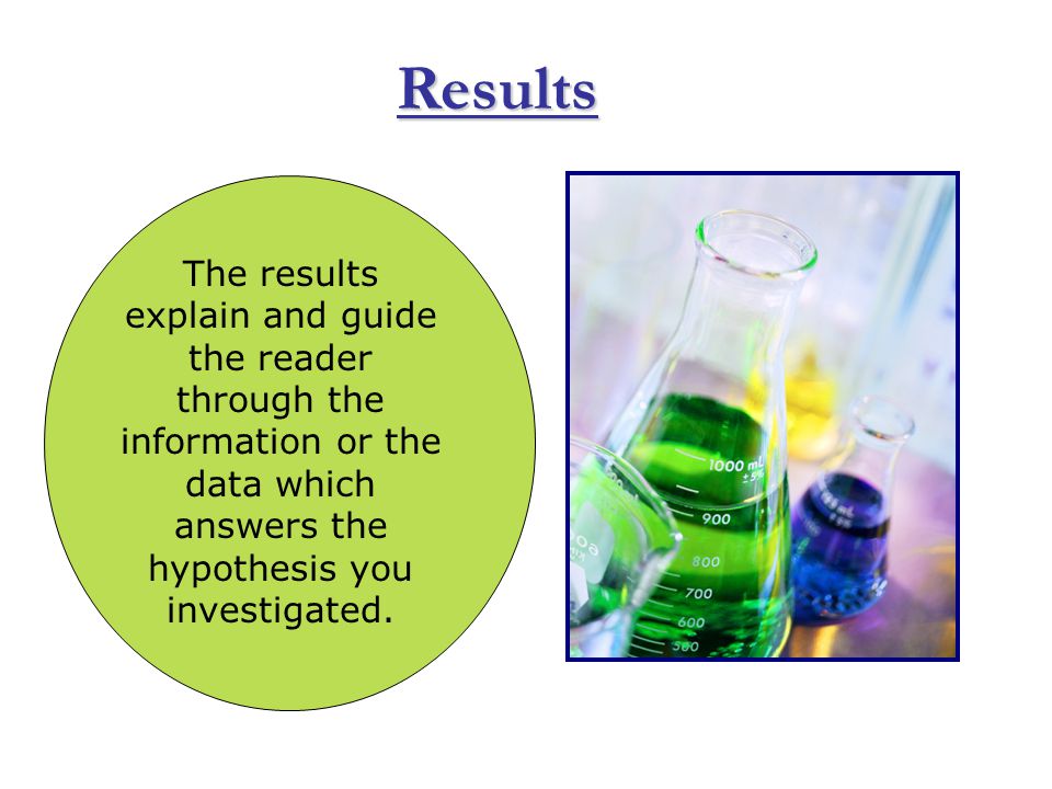 Results The results explain and guide the reader through the information or the data which answers the hypothesis you investigated.