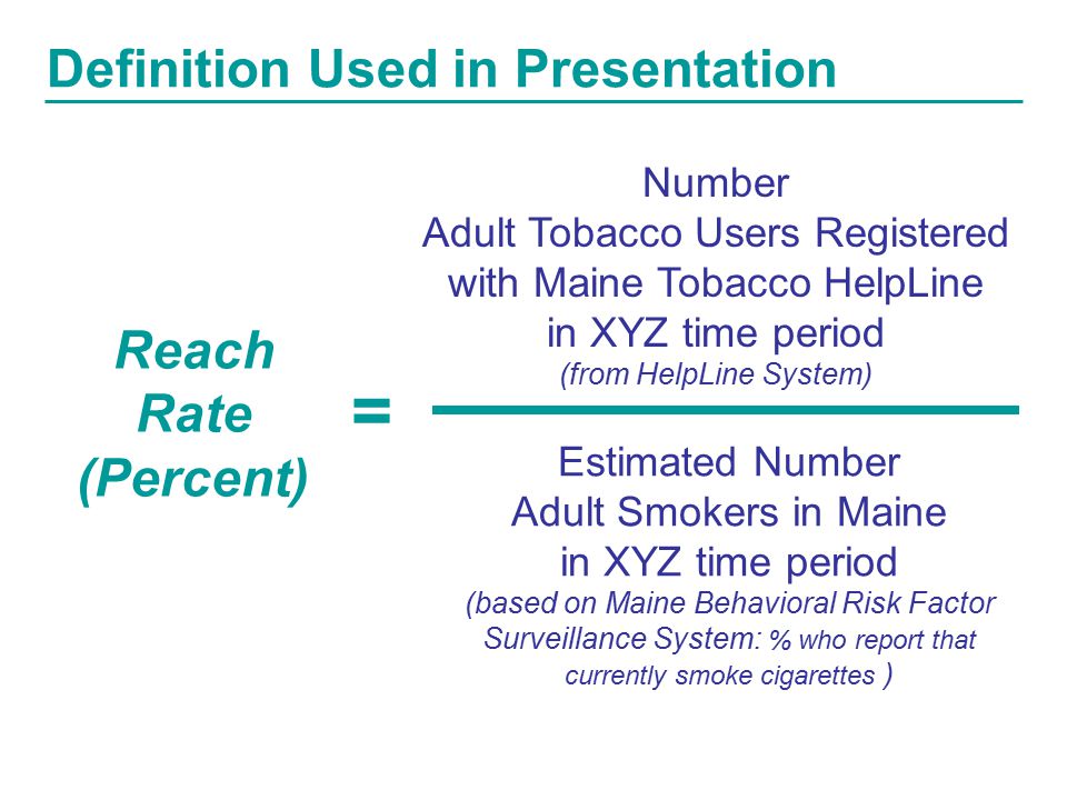 Number Adult Tobacco Users Registered with Maine Tobacco HelpLine in XYZ time period (from HelpLine System) Estimated Number Adult Smokers in Maine in XYZ time period (based on Maine Behavioral Risk Factor Surveillance System: % who report that currently smoke cigarettes ) Reach Rate (Percent) = Definition Used in Presentation