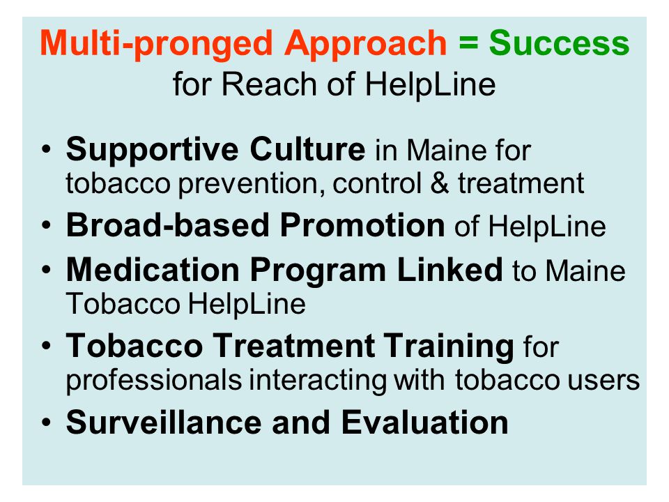 Multi-pronged Approach = Success for Reach of HelpLine Supportive Culture in Maine for tobacco prevention, control & treatment Broad-based Promotion of HelpLine Medication Program Linked to Maine Tobacco HelpLine Tobacco Treatment Training for professionals interacting with tobacco users Surveillance and Evaluation
