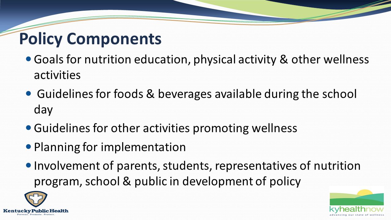 Policy Components Goals for nutrition education, physical activity & other wellness activities Guidelines for foods & beverages available during the school day Guidelines for other activities promoting wellness Planning for implementation Involvement of parents, students, representatives of nutrition program, school & public in development of policy