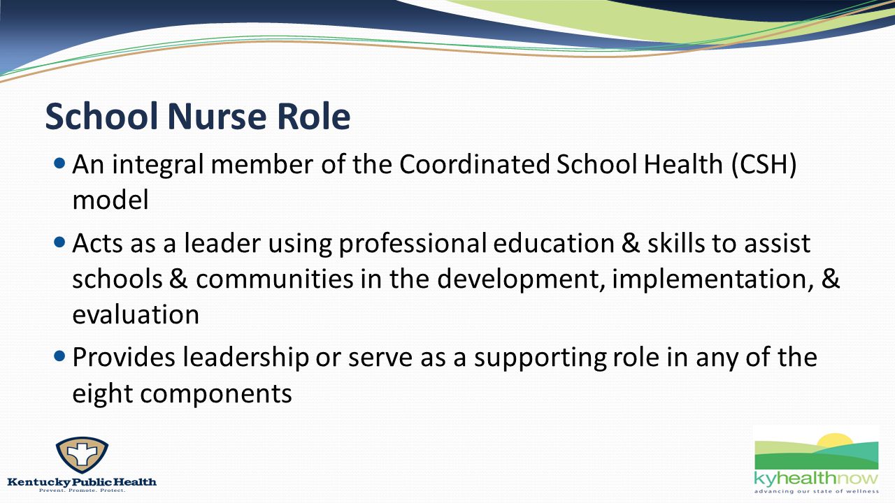 School Nurse Role An integral member of the Coordinated School Health (CSH) model Acts as a leader using professional education & skills to assist schools & communities in the development, implementation, & evaluation Provides leadership or serve as a supporting role in any of the eight components