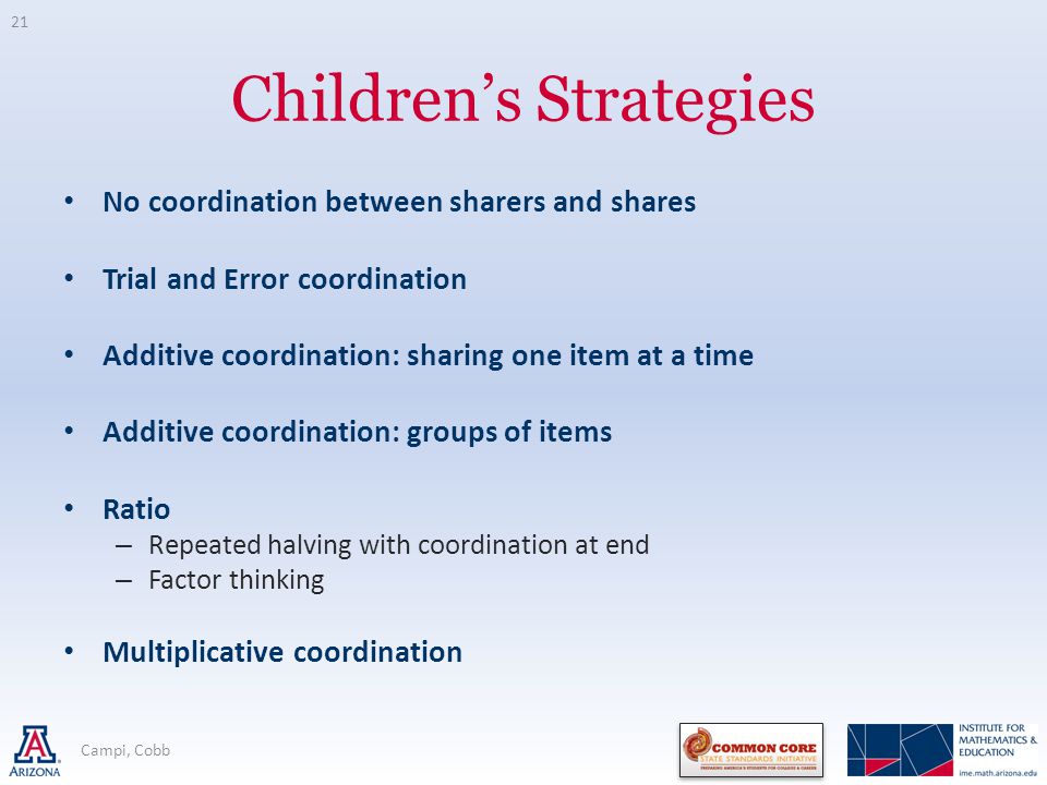 Children’s Strategies No coordination between sharers and shares Trial and Error coordination Additive coordination: sharing one item at a time Additive coordination: groups of items Ratio – Repeated halving with coordination at end – Factor thinking Multiplicative coordination Campi, Cobb 21