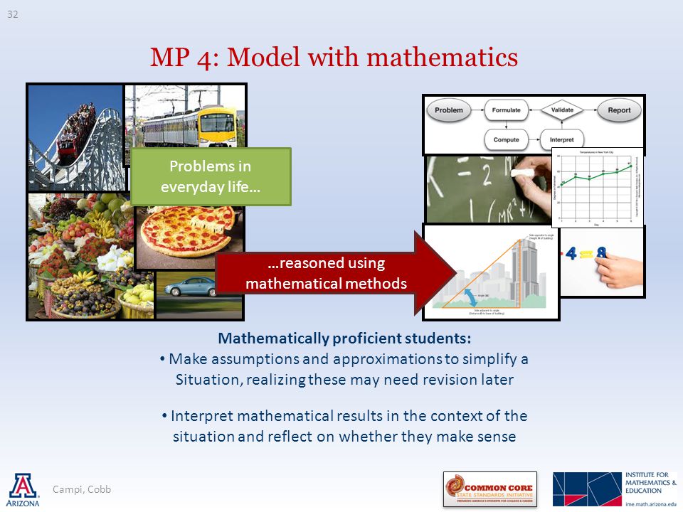 MP 4: Model with mathematics Problems in everyday life… Mathematically proficient students: Make assumptions and approximations to simplify a Situation, realizing these may need revision later Interpret mathematical results in the context of the situation and reflect on whether they make sense …reasoned using mathematical methods 32 Campi, Cobb