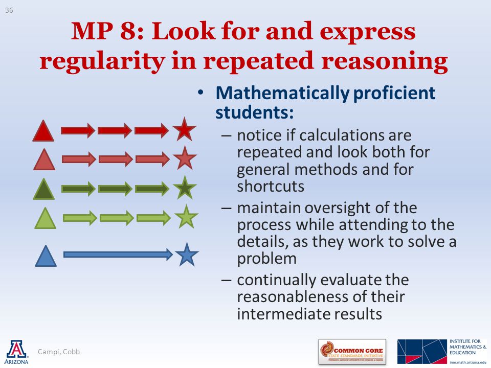 MP 8: Look for and express regularity in repeated reasoning Mathematically proficient students: – notice if calculations are repeated and look both for general methods and for shortcuts – maintain oversight of the process while attending to the details, as they work to solve a problem – continually evaluate the reasonableness of their intermediate results 36 Campi, Cobb