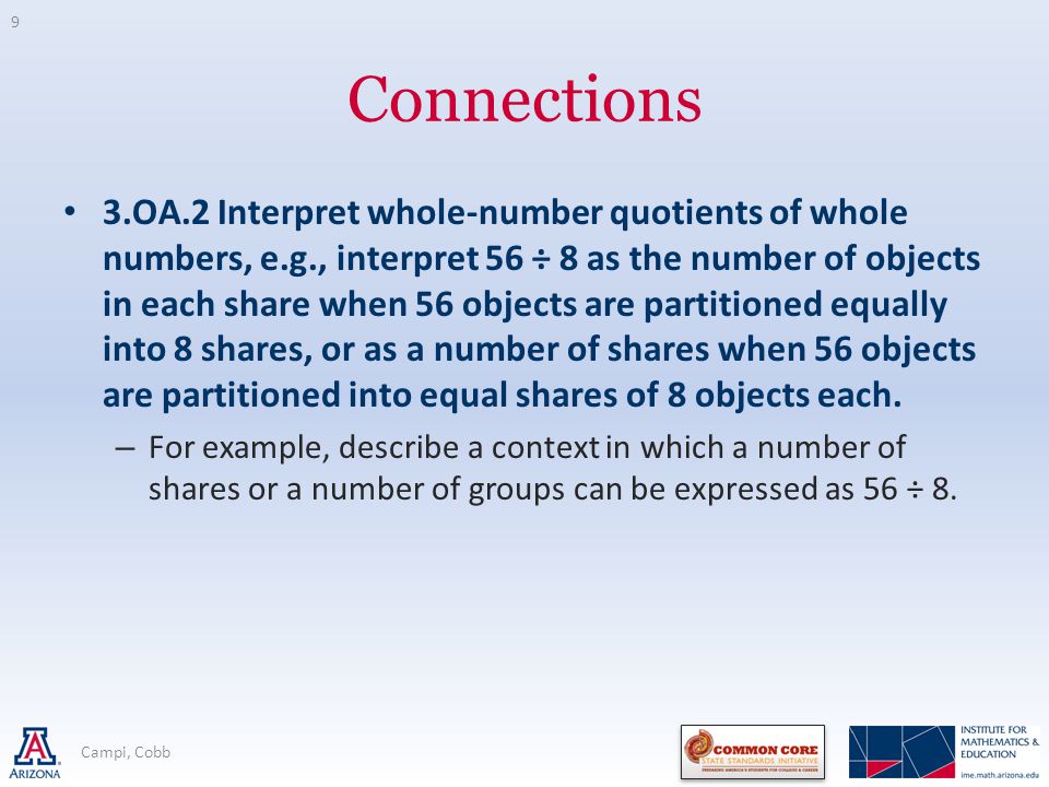 Connections 3.OA.2 Interpret whole-number quotients of whole numbers, e.g., interpret 56 ÷ 8 as the number of objects in each share when 56 objects are partitioned equally into 8 shares, or as a number of shares when 56 objects are partitioned into equal shares of 8 objects each.