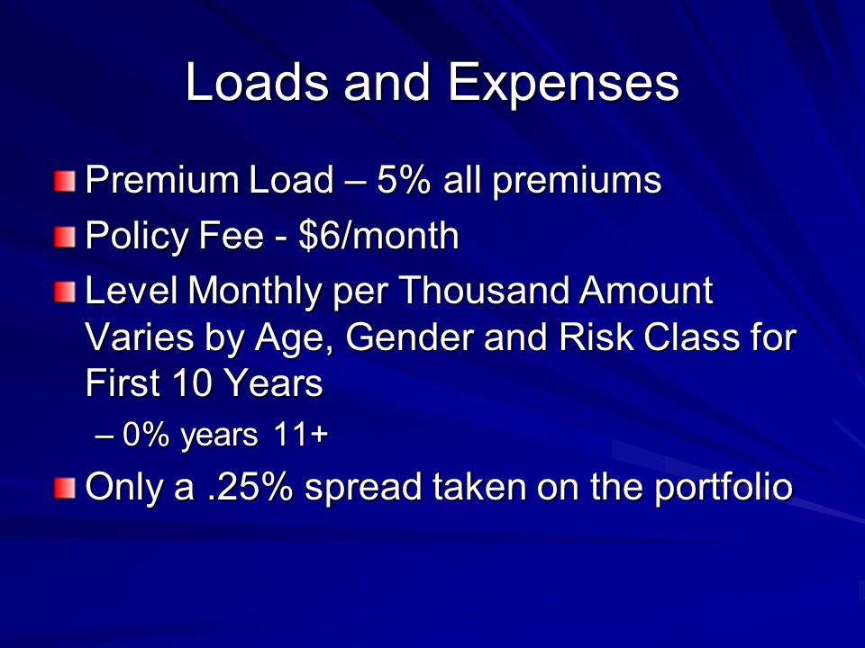 Loads and Expenses Premium Load – 5% all premiums Policy Fee - $6/month Level Monthly per Thousand Amount Varies by Age, Gender and Risk Class for First 10 Years –0% years 11+ Only a.25% spread taken on the portfolio