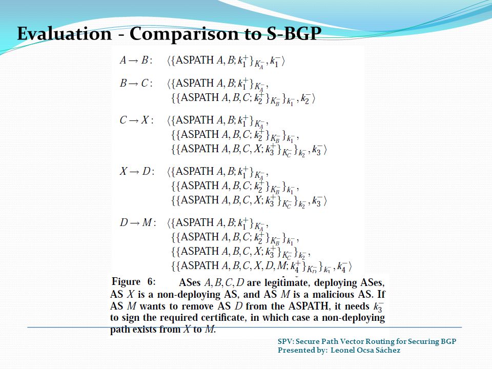 Evaluation - Comparison to S-BGP SPV: Secure Path Vector Routing for Securing BGP Presented by: Leonel Ocsa Sáchez