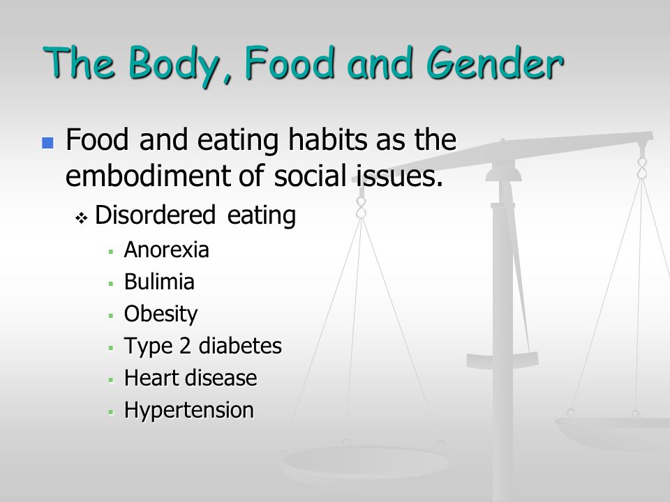 The Body, Food and Gender Food and eating habits as the embodiment of social issues.