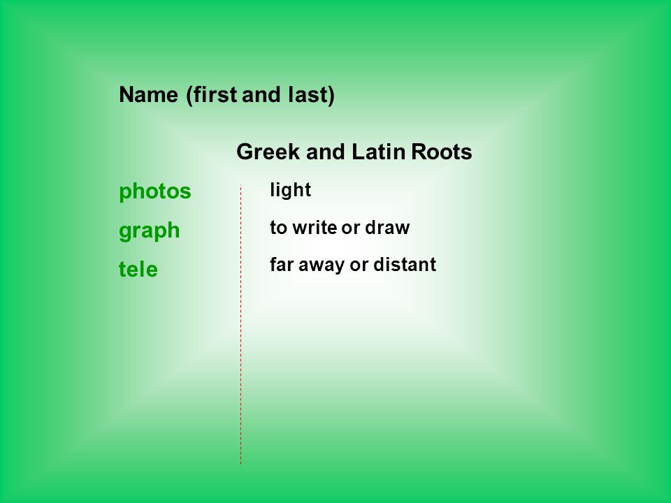 Name (first and last) Greek and Latin Roots photos light graph to write or draw tele far away or distant