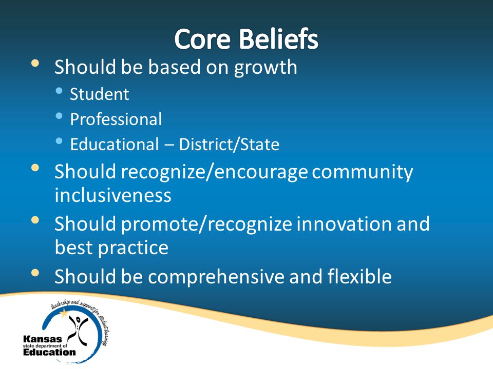 Should be based on growth Student Professional Educational – District/State Should recognize/encourage community inclusiveness Should promote/recognize innovation and best practice Should be comprehensive and flexible