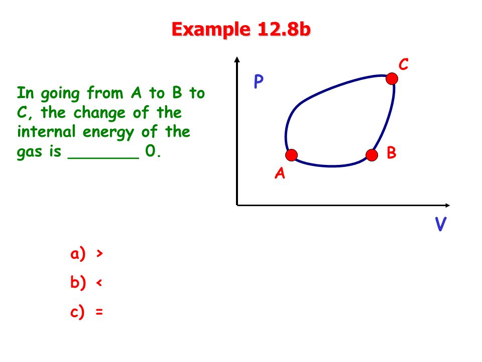 Example 12.8b In going from A to B to C, the change of the internal energy of the gas is _______ 0.