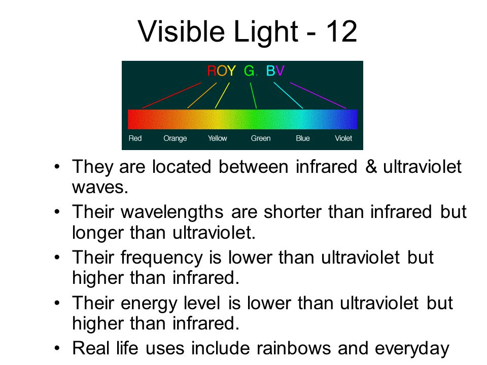 Visible Light - 12 They are located between infrared & ultraviolet waves.