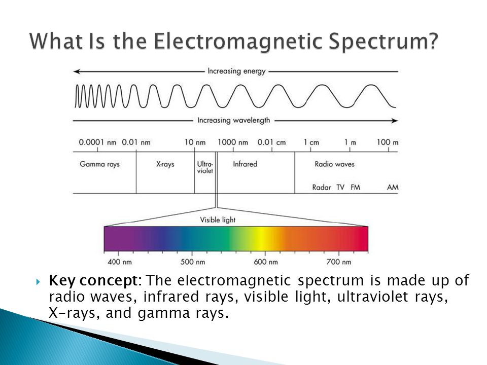  Key concept: The electromagnetic spectrum is made up of radio waves, infrared rays, visible light, ultraviolet rays, X-rays, and gamma rays.