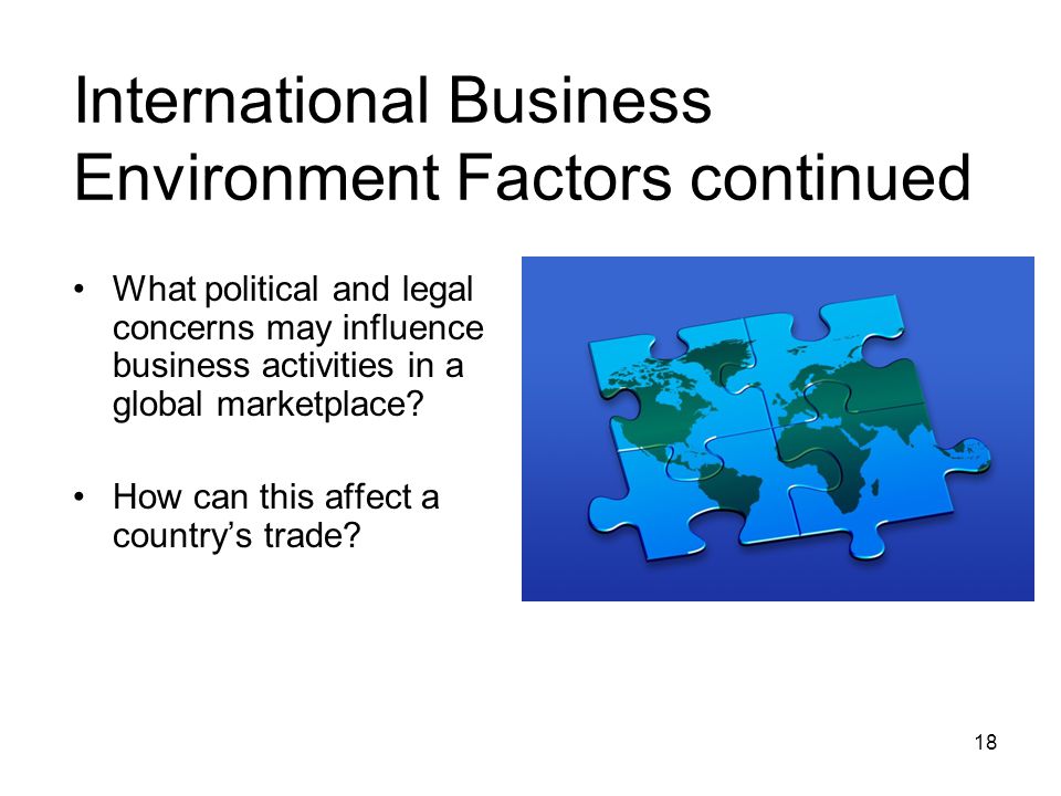 International Business Environment Factors continued What political and legal concerns may influence business activities in a global marketplace.