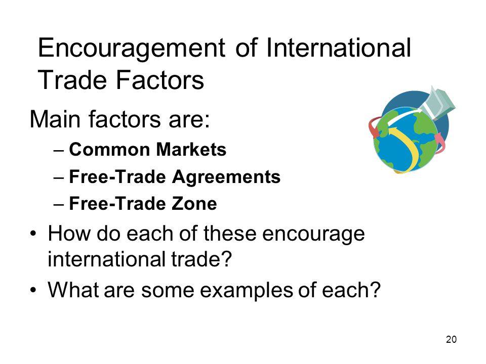 Encouragement of International Trade Factors Main factors are: –Common Markets –Free-Trade Agreements –Free-Trade Zone How do each of these encourage international trade.