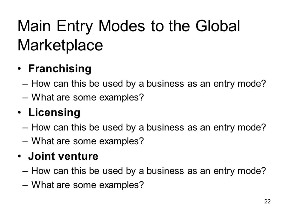 Main Entry Modes to the Global Marketplace Franchising –How can this be used by a business as an entry mode.